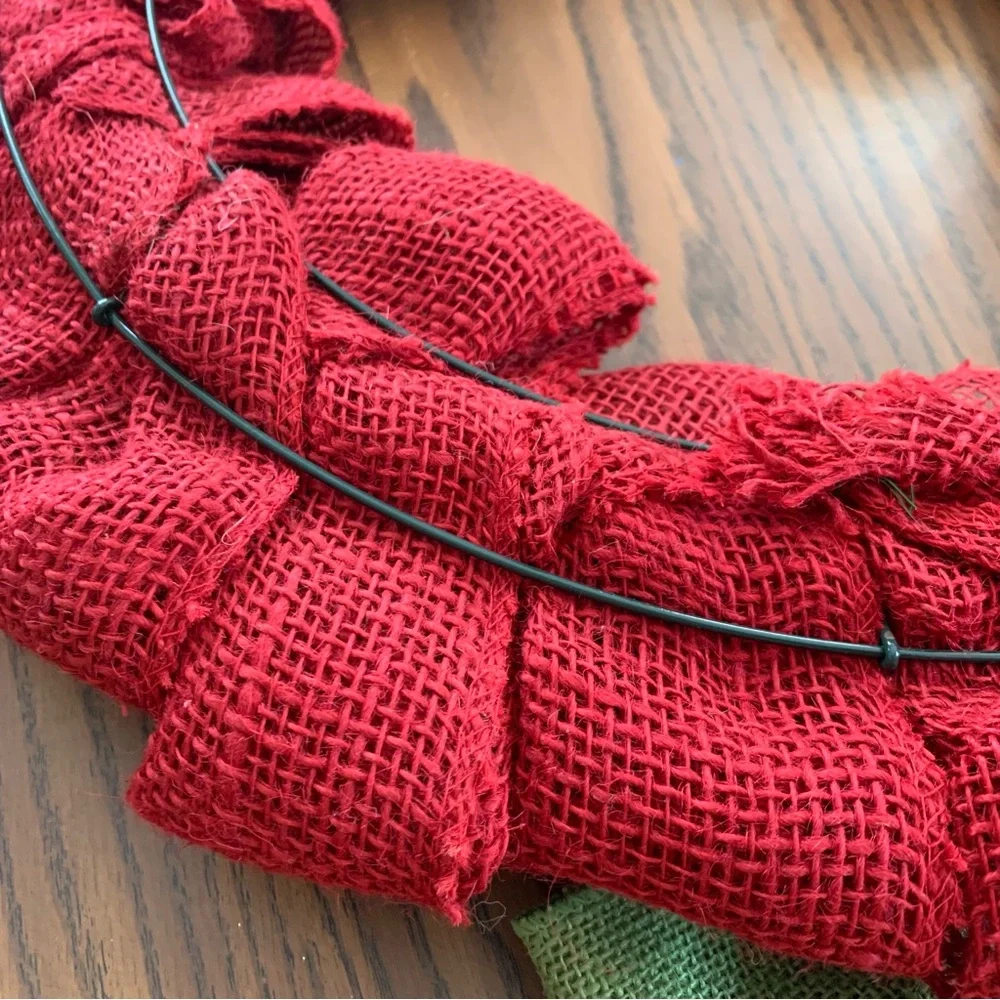 Red & Green Bow Burlap Wreath – Weaved Holiday Decoration – Thick Wire Frame